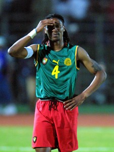10 Feb 2002: Rigobert Song of Cameroon holds his head after missing during the penalty shoot out in the African Cup of Nations Final between Cameroon and senegal, played at the 26 March Stadium, Bamako, Mali. DIGITAL IMAGE Touchline Photo images are available to clients in the UK, USA and Australia only. Mandatory Credit: Touchline Photo/Getty Images