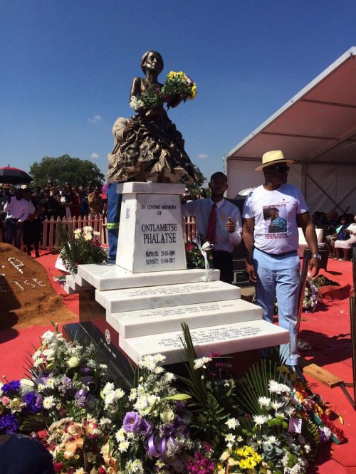 A sculpture of Ontlametse Phalatse, who was laid to rest on Friday, is placed atop her tombstone. Picture: Brenda Masilela