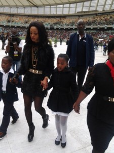 Senzo Meyiwa's two children have arrived at Moses Mabhida Stadium, accompanied by a relative. Picture: Clive Nduo