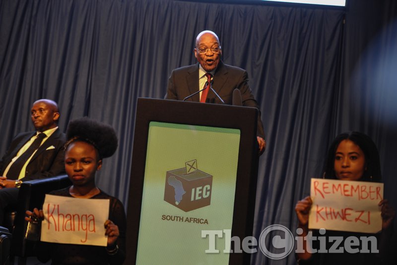 Zuma speaking at the IEC results centre on August 6 where a silent protest was held to #RememberKhwezi. Picture: Jacques Nelles