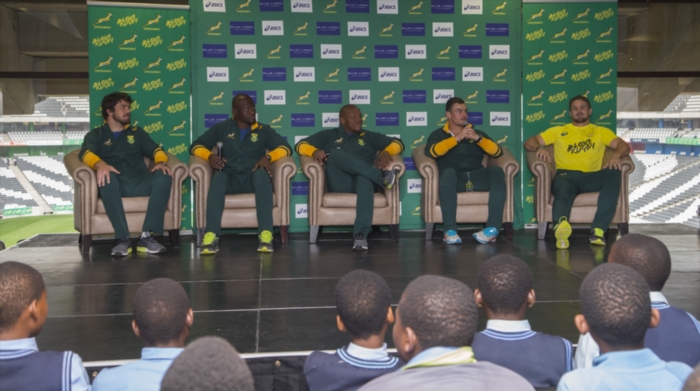 Warren Whiteley, Oupa Mohoje, Bongi Mbonambi, Jesse Kriel and Jaco Kriel during the #LoveRugby local school assembly at Mbombela Stadium on August 17, 2016 in Nelspruit, South Africa. (Photo by Dirk Kotze/Gallo Images)
