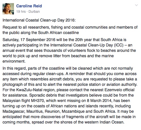 A screenshot of a post about International Coastal Clean-Up Day posted on the #CleanBlueLagoon Facebook page.