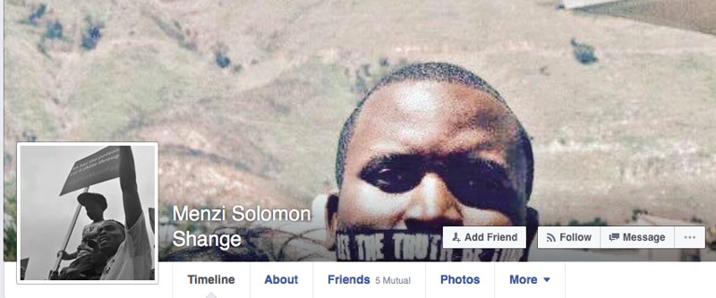 Menzi Solomon Shange's Facebook banner.