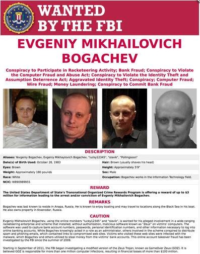 This image provided by the FBI shows the wanted poster for Evgeniy Bogachev. In a sweeping response to election hacking, President Barack Obama sanctioned Russian intelligence services and their top officials, kicked out 35 Russian officials and shuttered two Russian-owned compounds in the U.S. It was the strongest action the Obama administration has taken to date to retaliate for a cyberattack. Other individuals sanctioned include Bogachev and Alexey Belan, two Russian nationals who have been wanted by the FBI for cyber crimes for years. (FBI via AP)