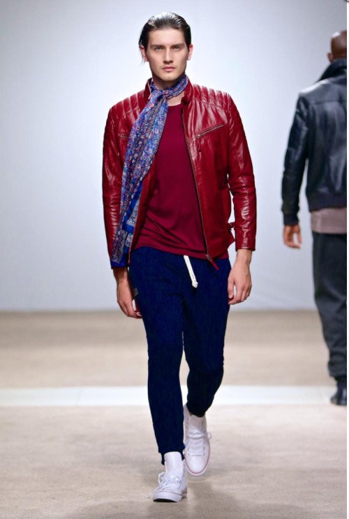 A model dons a red Issa Leo leather jacket at the Lexus South African Menswear Week A/W 2017 at The Palms in Woodstock, Cape Town. Picture: SDR / Simon Denier.