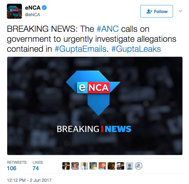 eNCA stap about ANC calling government to urgently investigate allegations contained in #GuptaEmails #GuptaLeaks Courtesy: eNCA