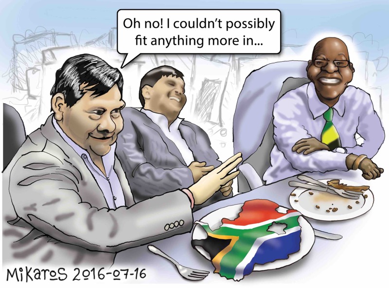 Mikaros' cartoon of Jacob Zuma with the Gupta brothers.