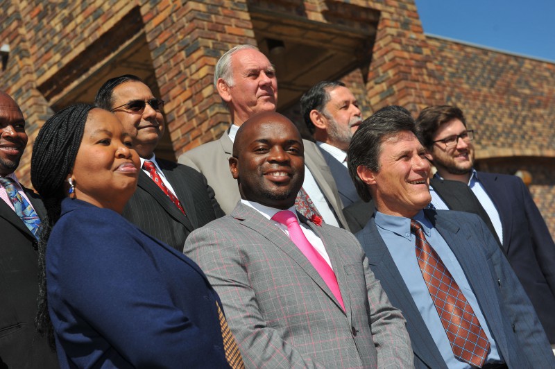Tshwane Mayor Solly Msimanga (centre) poses with the Tshwane Speaker Katlego Matheba (front left) and Chief Whip Christian van den Heever (front right) alongside his other appointed Members of the Mayoral Council, 26 August 2016, at the Council Chambers in Centurion. Picture: Michel Bega