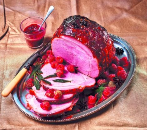 sticky gammon roasted with raspberry glaze