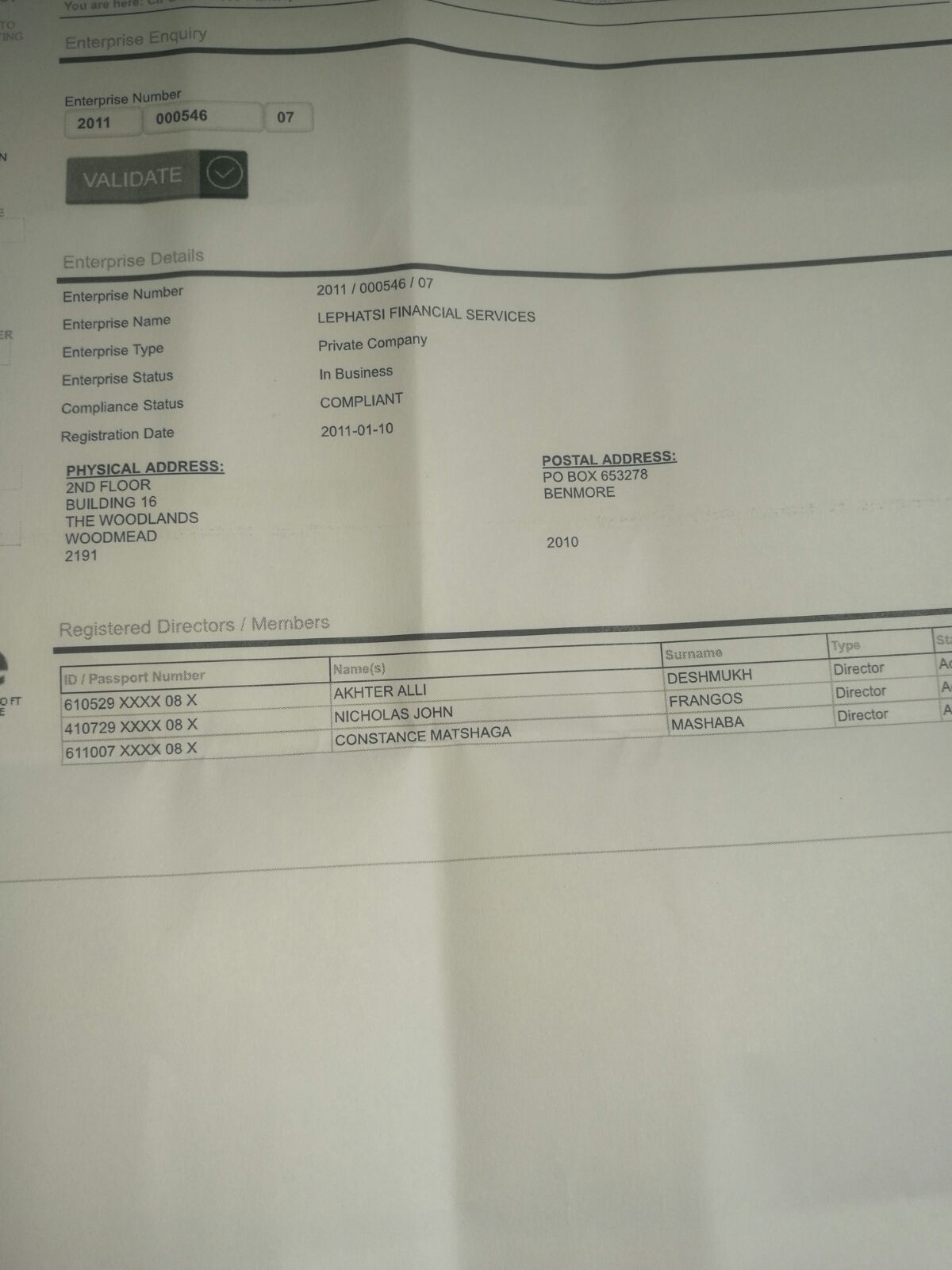 CIPRO search on the companies Mashaba used.