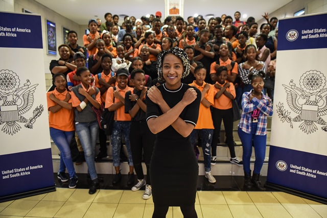 Yugen Blakrok, the South African musician that worked on the Black Panther soundtrack poses for a photograph along with pupils at the Brooklyn Ster Kinekor in Pretoria on 21 March 2018.. Picture: Jacques Nelles