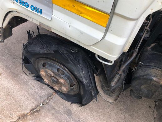 The truck’s badly worn tyre that blew out.