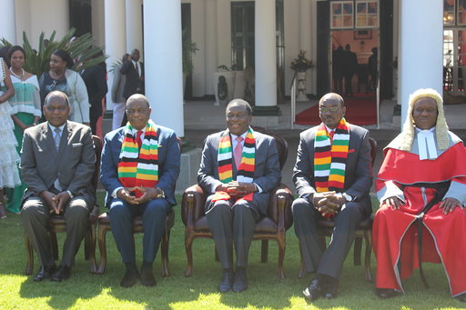 From Left: Chief Secretary to the Office of the President, Misheck Sibanda, VP Constantino Chiwenga, President Emmerson Mnangagwa, VP Kembo Mohadi and Chief Justice Luke Malaba. Picture: ANA