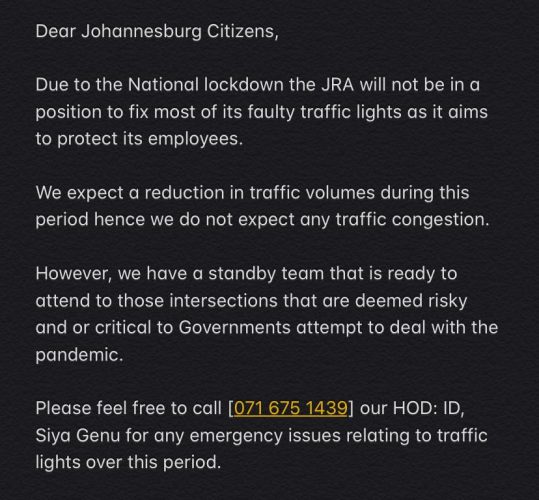 Lockdown causes excessive Johannesburg water billing and faulty traffic lights 4