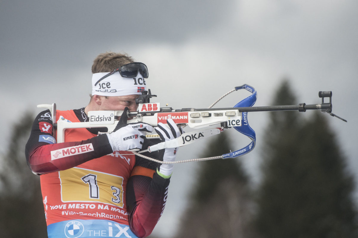 Norway's Tarjei Boe competes at the 4x6 Mixed Relay event at the IBU Biathlon World Cup in Nove Mesto, Czech Republic, on March 14, 2021. - Team Norway won the gold medal ahead the Italy's team (silver) and Sweden's Team took the bronze medal. (Photo by Michal Cizek / AFP)