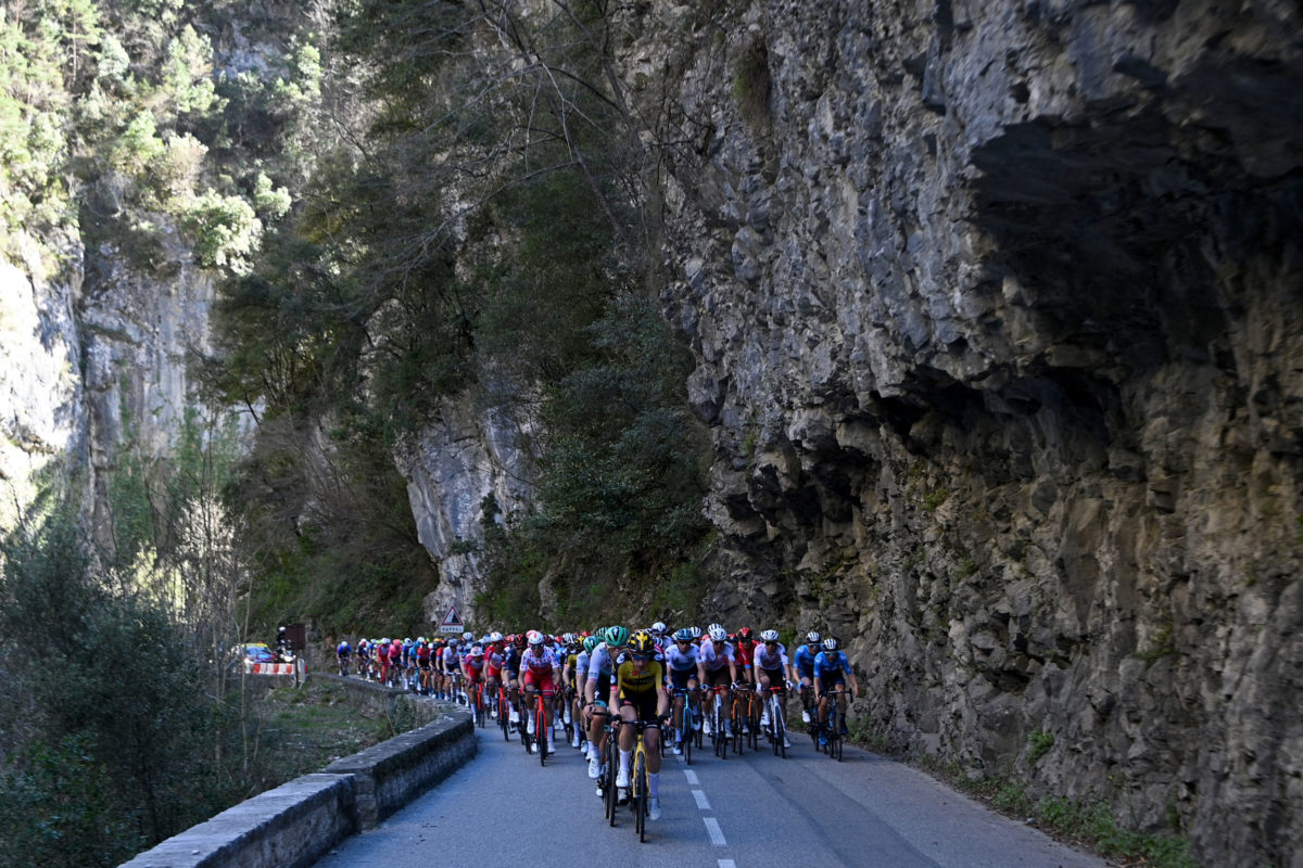 The pack rides during the 8th stage of the 79th Paris - Nice cycling race, 93 km between Le Plan-Du-Var and Levens, on March 14, 2021. (Photo by Anne-Christine POUJOULAT / AFP)