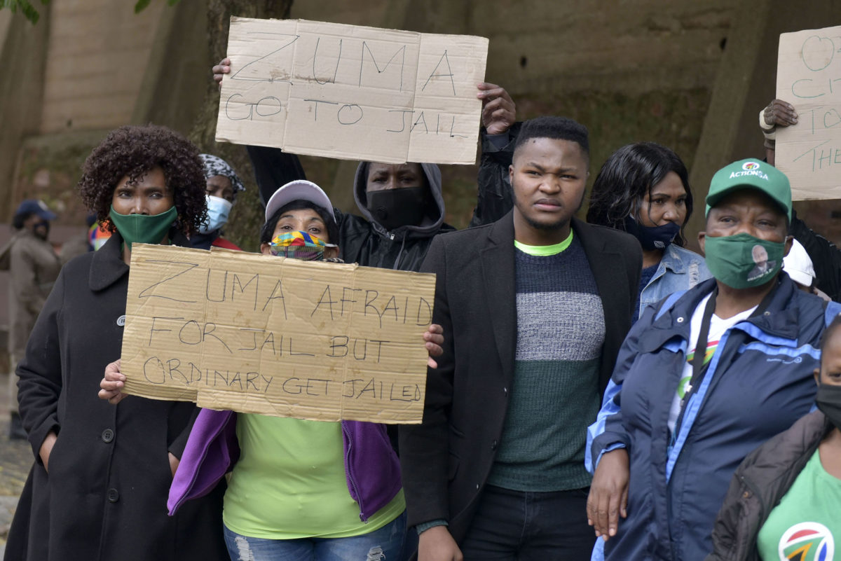 Action SA members outside the Constitutional Court in Braamfontein, 25 March 2021. A group of ANC members protested in support of Zuma ahead of the courts desision on whether he was in contempt of a previous ruling, whilst a bigger group of protestors from Action SA and Move One Million counter protested. Picture: Neil McCartney