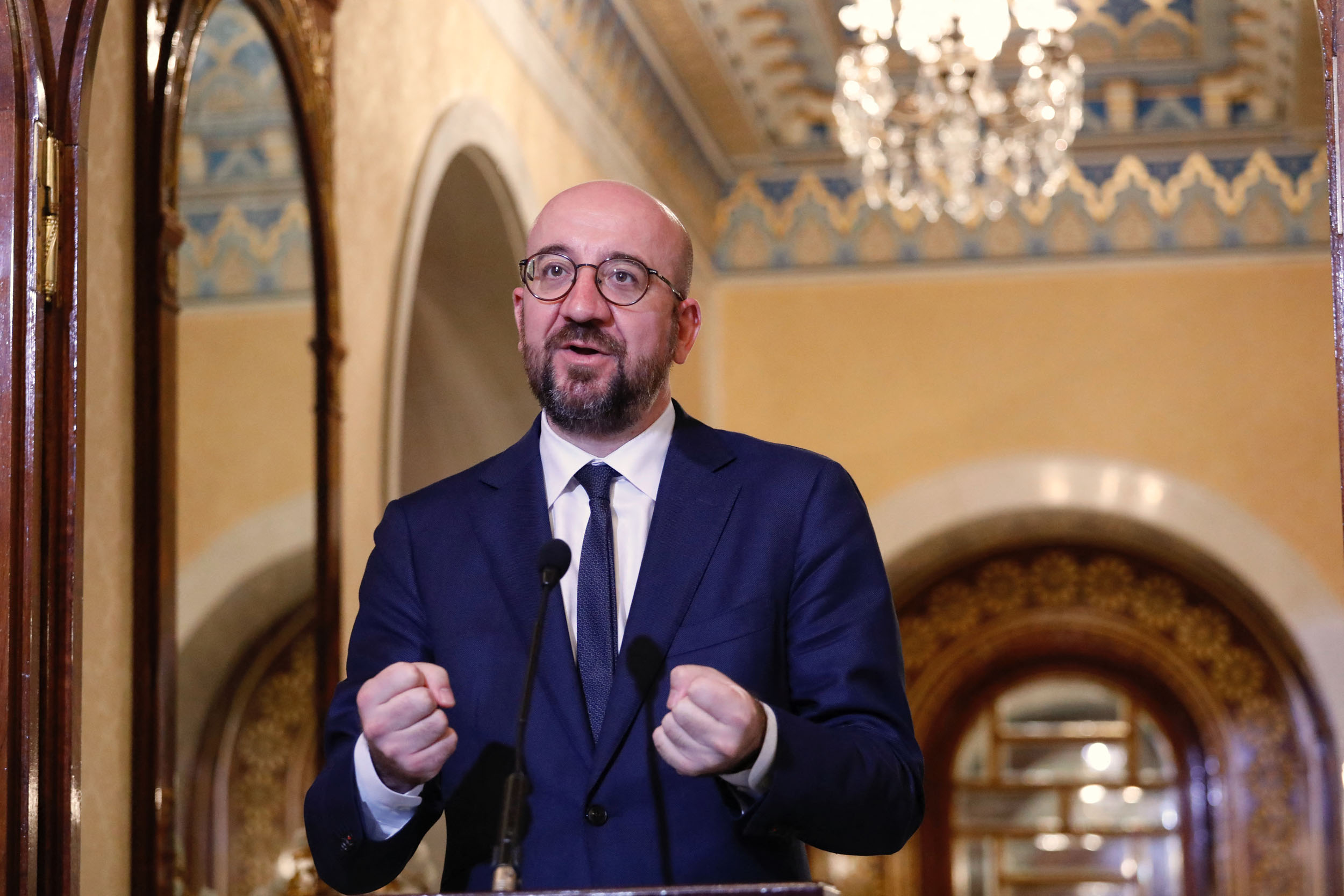 This handout picture released by the European Council (EC) on April 5, 2021 shows President of the European Council Charles Michel giving a press statement at Carthage Palace east of the capital Tunis. (Photo by DARIO PIGNATELLI / EBS / AFP) / XGTY / RESTRICTED TO EDITORIAL USE - MANDATORY CREDIT "AFP PHOTO / EUROPEAN COUNCIL/ DARIO PIGNATELLI" - NO MARKETING - NO ADVERTISING CAMPAIGNS - DISTRIBUTED AS A SERVICE TO CLIENTS