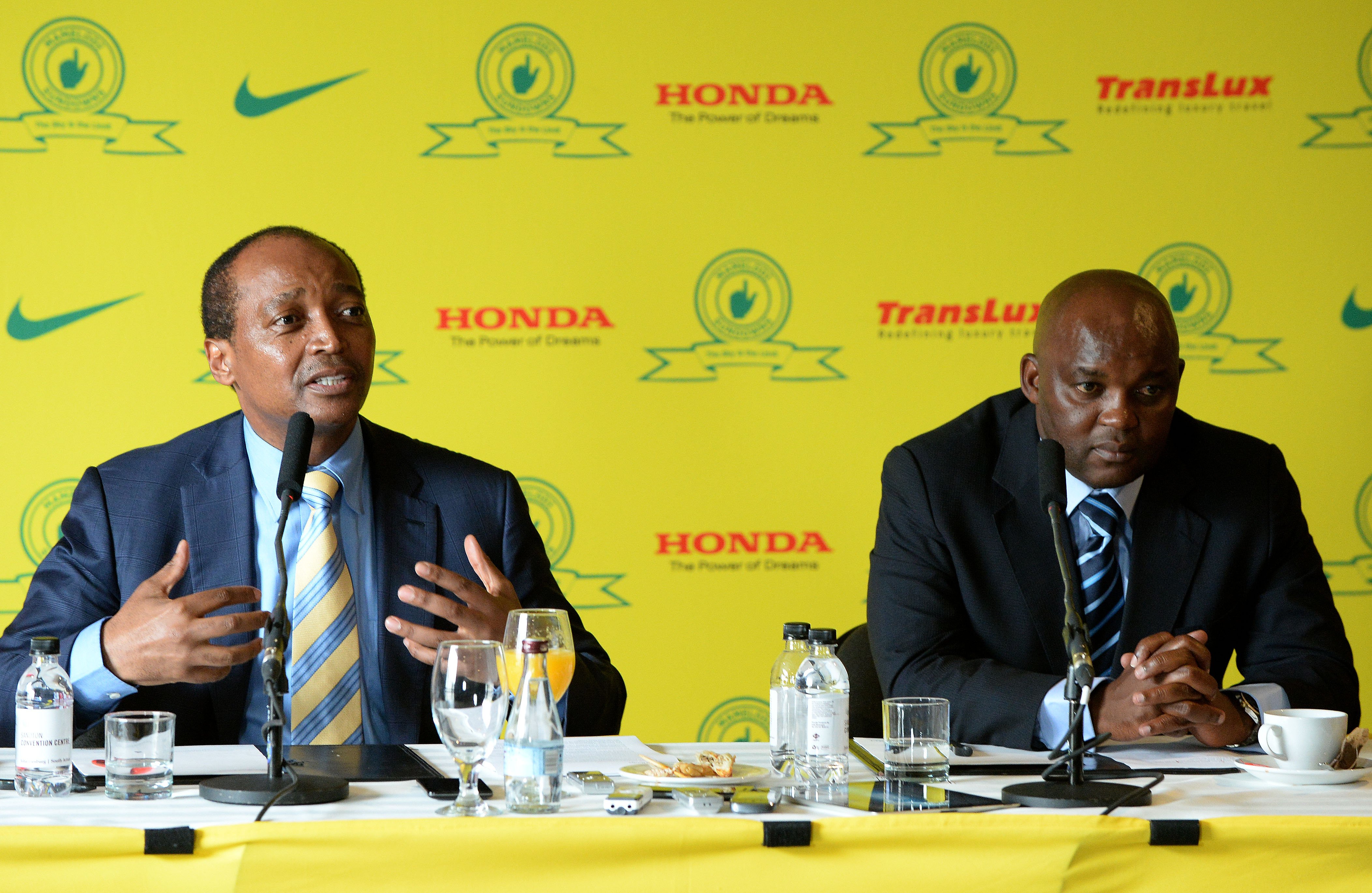 Patrice Motsepe and Pitso Mosimane during the Mamelodi Sundowns press conference at Sandton Convention Centre. (Photo by Duif du Toit/Gallo Images)