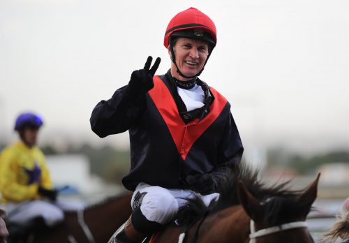 Jockey Piere Strydom celebrates after riding Madame Dubois to a win in the HSH Princess Charlene of Monaco Starling Stakes, 31 October 2015, on the Charity Mile race day at Turffontein Racecourse. Picture: Michel Bega
