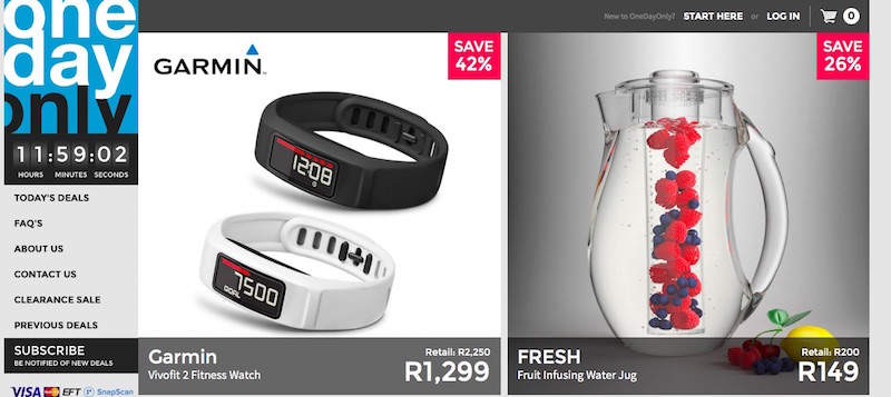 A screenshot from the website www.onedaydeals.co.za