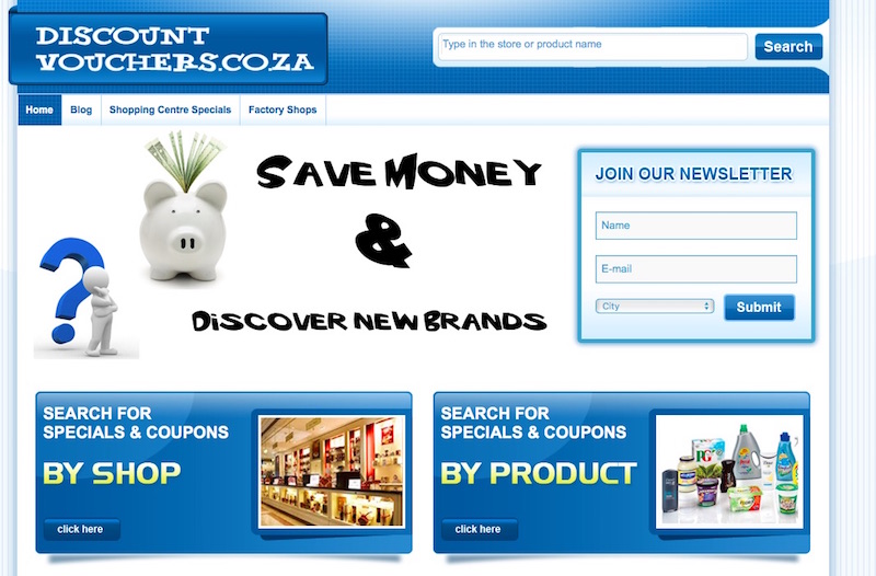 A screenshot of the home page at www.discountvouchers.co.za