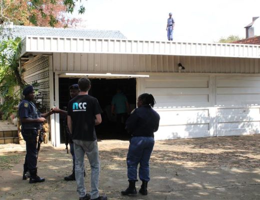 Police search for suspects in the area. Photograph: James Mahlokwane