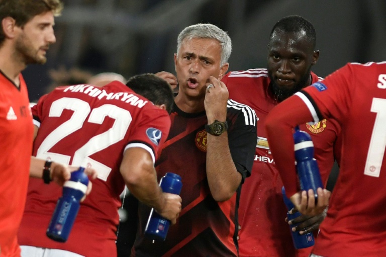 Manchester United's manager Jose Mourinho instructs his players during their UEFA Super Cup match against Real Madrid, at the Philip II Arena in Skopje, on August 8, 2017