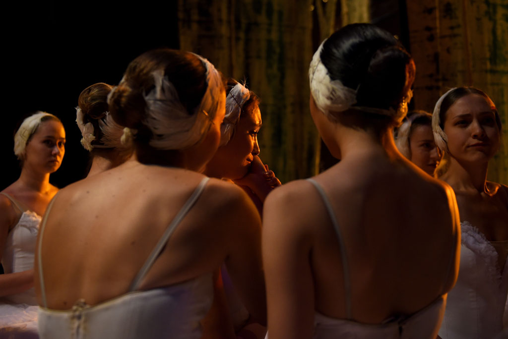 A ballet dancer cries after dancing in an act for Swan Lake. Picture: Tracy Lee Stark