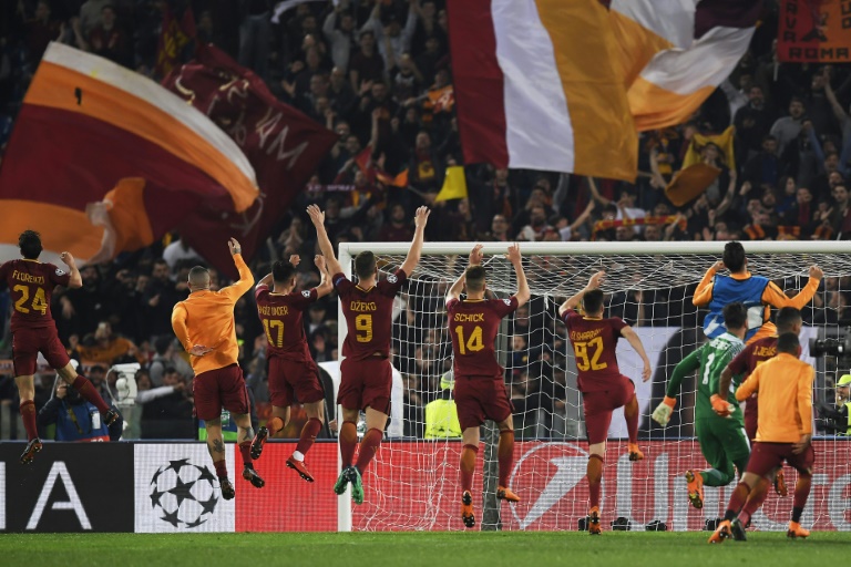 Roma's players and fans joined in celebration after the Champions League victory over Barcelona

